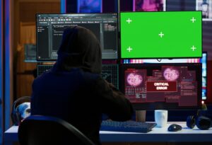 Hacker using mockup monitor seeing access denied error message